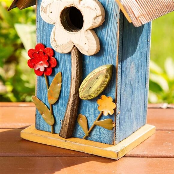 Distressed Decorative Solid Wood Birdhouse, 10.25 Inch Tall, Blue - Picture 7 of 8
